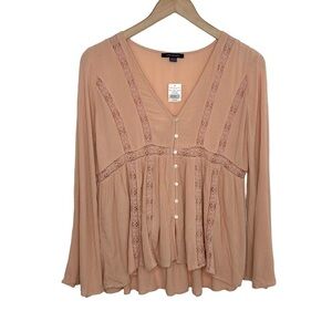 American Eagle V Neck Button Up Top Size XS Blush Pink Long Sleeve Lace Detail